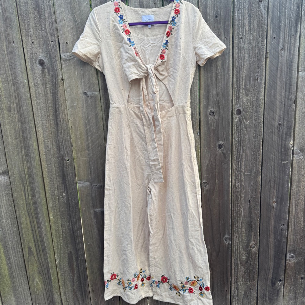 Anthropologie JOA Embroidered Tie Front Jumpsuit Large Beige Floral Wide Leg - Picture 2 of 16